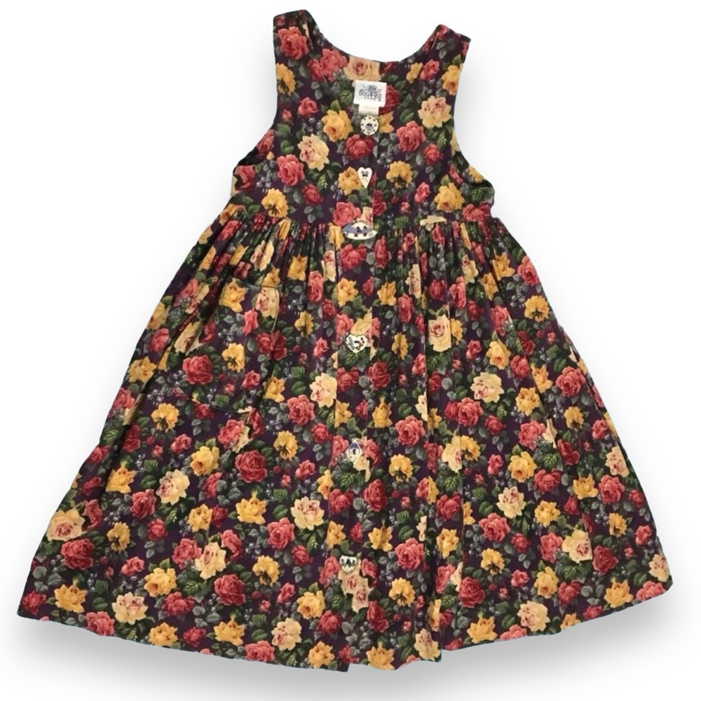 Vintage Dress Child Flannel Floral Roses Cottagecore Unique‎ Buttons Heart Hat 6